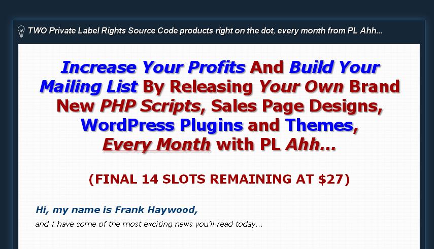 PLAHH homepage image PLAHH,review,PLR,Frank Hayward,PHP,script,scripts,private label 